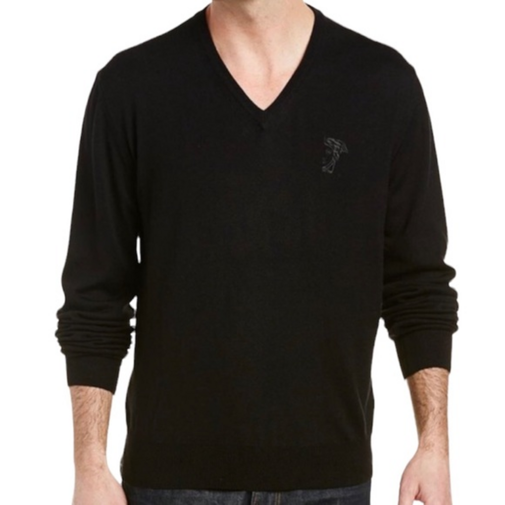 Versace‎ Black Slim Fit 100% Wool V-Neck Sweater Pullover Jumper Medium